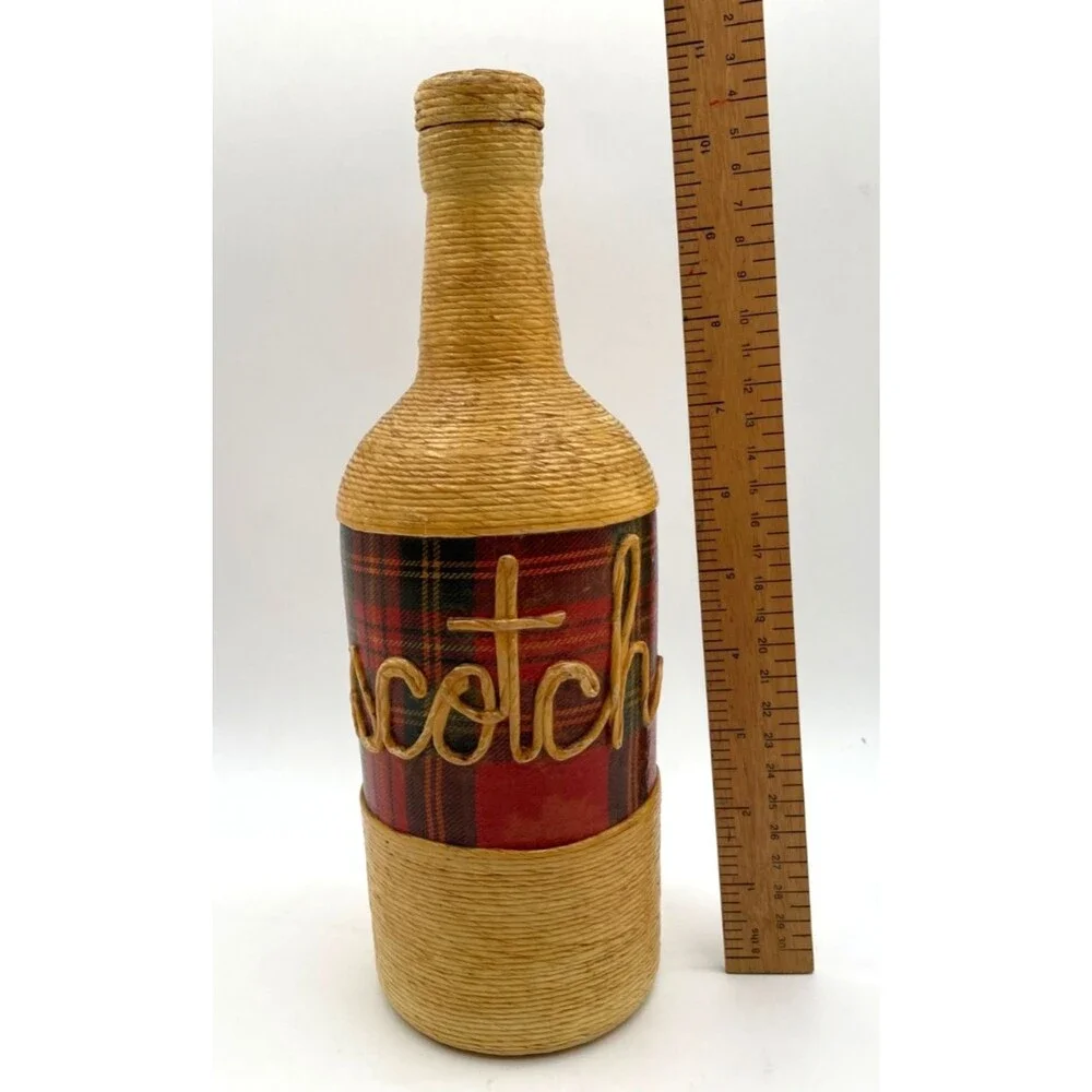 Vintage Wicker Wrapped Scotch Liquor Bottle Tartan Plaid Fine Jute Twine Rare